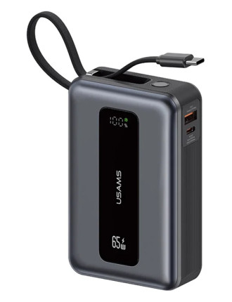USAMS power bank CD243 με καλώδιο USB-C, 2x θύρες εξόδου, 20000mAh, 65W, γκρι