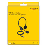 DELOCK headphones με μικρόφωνο 27178, stereo, USB, volume control, μαύρα