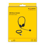 DELOCK headphones με μικρόφωνο 27179, stereo, USB, volume control, μαύρα