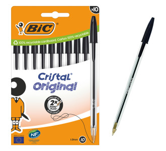 BIC στυλό διαρκείας ballpoint Cristal Original, 1.0mm μύτη, μαύρο, 10τμχ