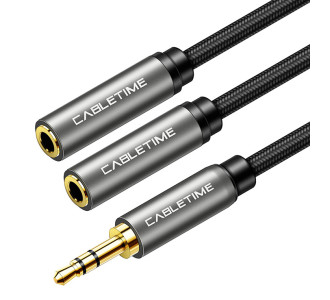 CABLETIME καλώδιο ήχου 3.5mm σε 2x 3.5mm CT-P12G, 3-pole, 20cm, μαύρο