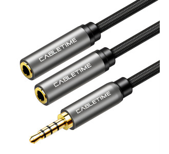 CABLETIME καλώδιο ήχου 3.5mm σε 2x 3.5mm CT-P12G4P, 4-pole, 20cm, μαύρο