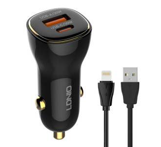 LDNIO φορτιστής αυτοκινήτου C103 με καλώδιο Lightning, USB/USB-C, 60W, μαύρος LDNIO φορτιστής αυτοκινήτου C103 με καλώδιο Lightning, USB/USB-C, 60W, μαύρος