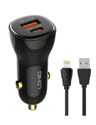 LDNIO φορτιστής αυτοκινήτου C103 με καλώδιο Lightning, USB/USB-C, 60W, μαύρος