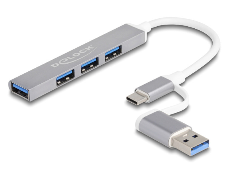 DELOCK USB hub 64214, 4x θυρών, 5Gbps, USB & USB-C σύνδεση, γκρι
