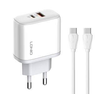 LDNIO φορτιστής τοίχου A2526C με καλώδιο, USB & USB-C, 45W PD, λευκός