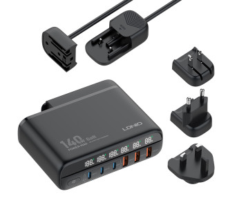 LDNIO σταθμός φόρτισης A6140C, 3x USB-C/3x USB, 140W, PD/QC, GaN, μαύρος LDNIO σταθμός φόρτισης A6140C, 3x USB-C/3x USB, 140W, PD/QC, GaN, μαύρος