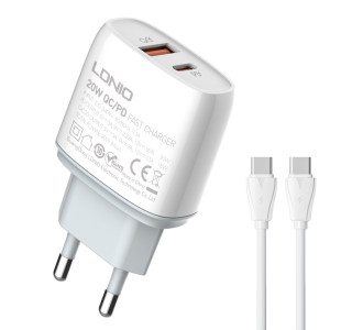 LDNIO φορτιστής τοίχου Q229 με καλώδιο, USB & USB-C, 20W PD, λευκός