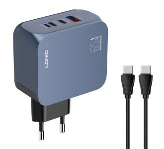 LDNIO φορτιστής τοίχου Q7 με καλώδιο USB-C, USB/Lightning/2x USB-C, GaN, 65W, μπλε LDNIO φορτιστής τοίχου Q7 με καλώδιο USB-C, USB/Lightning/2x USB-C, GaN, 65W, μπλε