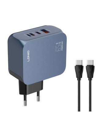 LDNIO φορτιστής τοίχου Q7 με καλώδιο USB-C, USB/Lightning/2x USB-C, GaN, 65W, μπλε LDNIO φορτιστής τοίχου Q7 με καλώδιο USB-C, USB/Lightning/2x USB-C, GaN, 65W, μπλε