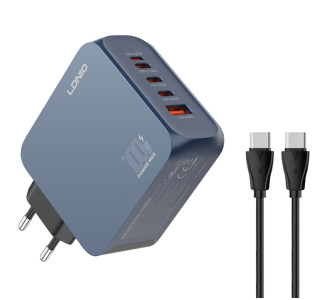 LDNIO φορτιστής τοίχου Q8 με καλώδιο USB-C, USB/Lightning/3x USB-C, GaN, 100W, μπλε LDNIO φορτιστής τοίχου Q8 με καλώδιο USB-C, USB/Lightning/3x USB-C, GaN, 100W, μπλε
