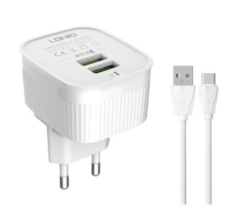 LDNIO φορτιστής τοίχου A201 με καλώδιο USB-C, 2x USB, 12W, λευκός