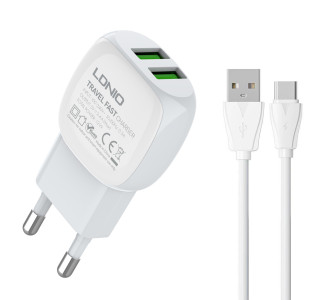 LDNIO φορτιστής τοίχου A2218 με καλώδιο USB-C, 2x USB, 12W, λευκός