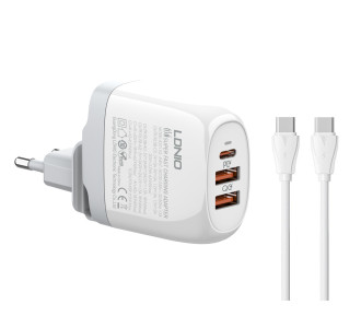 LDNIO φορτιστής τοίχου A3511Q με καλώδιο, USB-C/2x USB, 65W, GaN, λευκός LDNIO φορτιστής τοίχου A3511Q με καλώδιο, USB-C/2x USB, 65W, GaN, λευκός