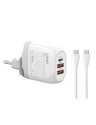 LDNIO φορτιστής τοίχου A3511Q με καλώδιο, USB-C/2x USB, 65W, GaN, λευκός LDNIO φορτιστής τοίχου A3511Q με καλώδιο, USB-C/2x USB, 65W, GaN, λευκός