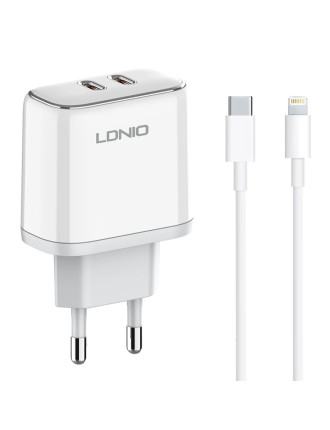 LDNIO φορτιστής τοίχου A2528M με καλώδιο, 2x USB-C, 35W, MFi, λευκό