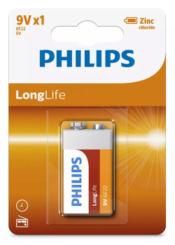 PHILIPS LongLife Zinc chloride μπαταρία 6F22L1B/10, 6F22 9V, 1τμχ