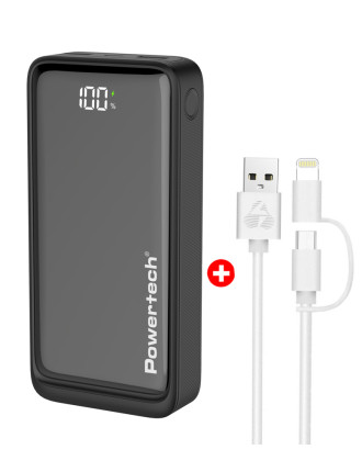 POWERTECH power bank PT-1327 με οθόνη & MFi καλώδιο USB σε Micro/Lightning, 20000mAh