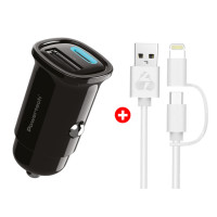 POWERTECH φορτιστής αυτοκινήτου με καλώδιο MFi USB σε micro USB/Lightning BNDL-0206, USB & USB-C, 30W, μαύρο/λευκό