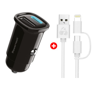 POWERTECH φορτιστής αυτοκινήτου με καλώδιο MFi USB σε micro USB/Lightning BNDL-0206, USB & USB-C, 30W, μαύρο/λευκό