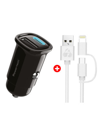 POWERTECH φορτιστής αυτοκινήτου με καλώδιο MFi USB σε micro USB/Lightning BNDL-0206, USB & USB-C, 30W, μαύρο/λευκό