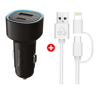 POWERTECH φορτιστής αυτοκινήτου με καλώδιο MFi USB σε micro USB/Lightning BNDL-0207, USB & USB-C, 85W, μαύρο/λευκό
