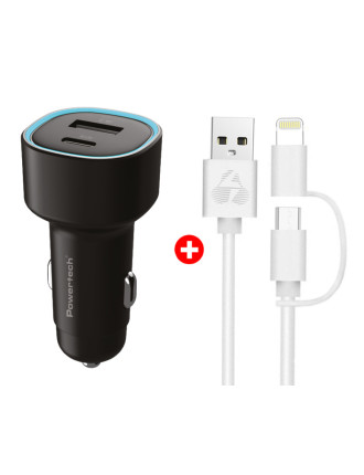 POWERTECH φορτιστής αυτοκινήτου με καλώδιο MFi USB σε micro USB/Lightning BNDL-0207, USB & USB-C, 85W, μαύρο/λευκό