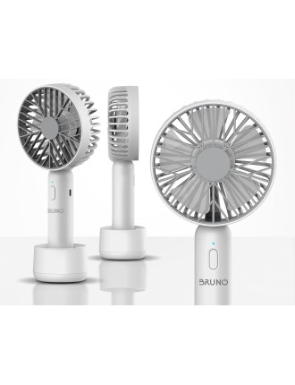 BRUNO φορητός ανεμιστήρας χειρός BRN-0229, επαναφορτιζόμενος, με βάση & λουράκι μεταφοράς, λευκός/γκρι