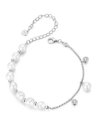 BAMOER βραχιόλι BSB189 με πέρλες & κυβική ζιρκόνια, ασήμι 925, ασημί