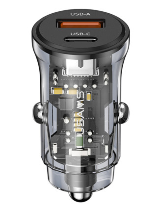 USAMS φορτιστής αυτοκινήτου US-CC164, USB & USB-C, 30W, μαύρος