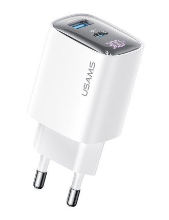USAMS φορτιστής τοίχου US-CC229, USB & USB-C, 30W, GaN, λευκός