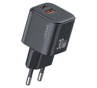 USAMS φορτιστής τοίχου CC263, USB & USB-C, 30W, GaN, μαύρος