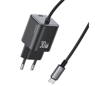 USAMS φορτιστής τοίχου CC264 με καλώδιο, USB-C, 30W, GaN, μαύρος
