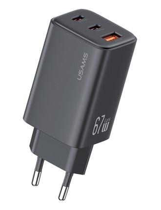 USAMS φορτιστής τοίχου CC265, USB & 2x USB-C, 67W, GaN, μαύρος