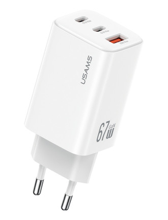 USAMS φορτιστής τοίχου CC265, USB & 2x USB-C, 67W, GaN, λευκός