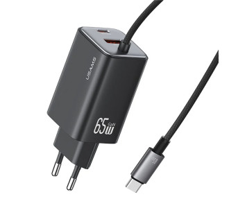 USAMS φορτιστής τοίχου CC266 με καλώδιο, USB & USB-C, 65W, GaN, μαύρος USAMS φορτιστής τοίχου CC266 με καλώδιο, USB & USB-C, 65W, GaN, μαύρος