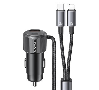 USAMS φορτιστής αυτοκινήτου CC287 με 2 σε 1 καλώδιο, USB/USB-C θύρες, 66W, μαύρος