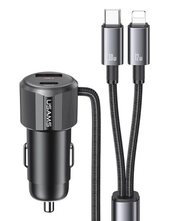 USAMS φορτιστής αυτοκινήτου CC287 με 2 σε 1 καλώδιο, USB/USB-C θύρες, 66W, μαύρος