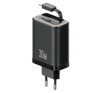 USAMS φορτιστής τοίχου CC296 με καλώδιο, USB & USB-C, 30W, μαύρος USAMS φορτιστής τοίχου CC296 με καλώδιο, USB & USB-C, 30W, μαύρος
