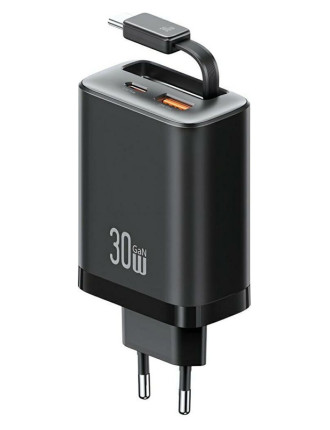 USAMS φορτιστής τοίχου CC296 με καλώδιο, USB & USB-C, 30W, μαύρος USAMS φορτιστής τοίχου CC296 με καλώδιο, USB & USB-C, 30W, μαύρος