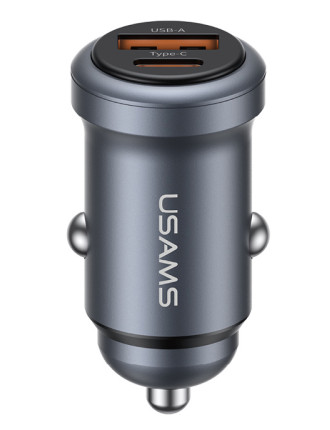 USAMS φορτιστής αυτοκινήτου CC322, USB & USB-C, 30W, γκρι