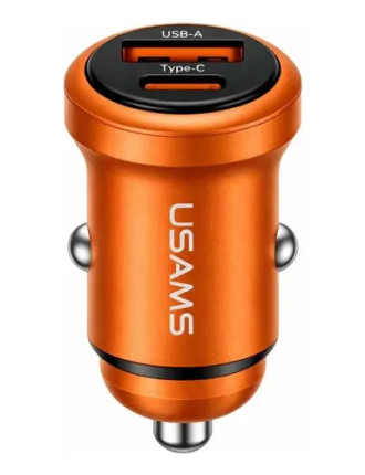 USAMS φορτιστής αυτοκινήτου CC322, USB & USB-C, 30W, πορτοκαλί