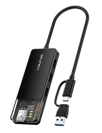 CABLETIME USB hub CT-HUBT5-PB, 4x θυρών, 10Gbps, USB/USB-C σύνδεση, μαύρο