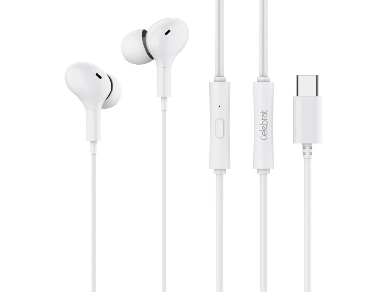 CELEBRAT earphones με μικρόφωνο D13, USB-C σύνδεση, Φ10mm, 1.2m, λευκά
