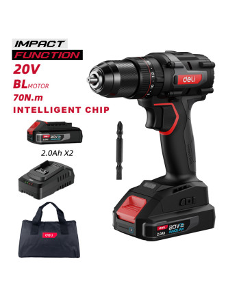 DELI κρουστικό δραπανοκατσάβιδο μπαταρίας DE-CZ20-1D2, Brushless, 20V, 2x 2Ah, 70N.m