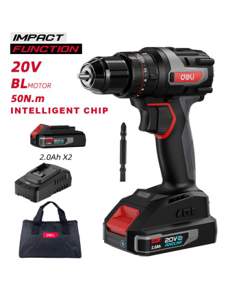 DELI κρουστικό δραπανοκατσάβιδο μπαταρίας DE-CZ20-2D2, Brushless, 20V, 2x 2Ah, 50N.m