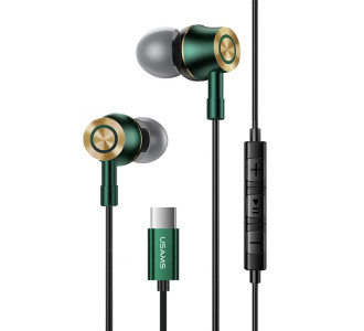 USAMS earphones με μικρόφωνο US-SJ482, USB-C, Φ10mm, 1.2m, πράσινα