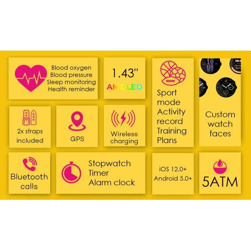 INTIME smartwatch G6 με 2x λουράκια, heart rate, 1.43" AMOLED, GPS, 5ATM/IP69, titanium black