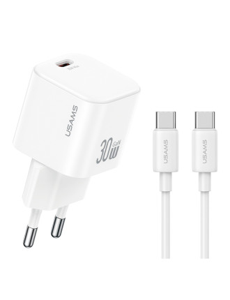 USAMS φορτιστής τοίχου CC262 με καλώδιο USB-C, 30W, GaN, λευκός USAMS φορτιστής τοίχου CC262 με καλώδιο USB-C, 30W, GaN, λευκός