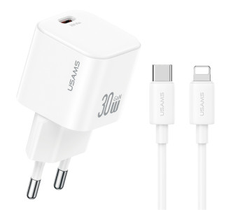 USAMS φορτιστής τοίχου CC262 με καλώδιο Lightning, 30W, GaN, λευκός